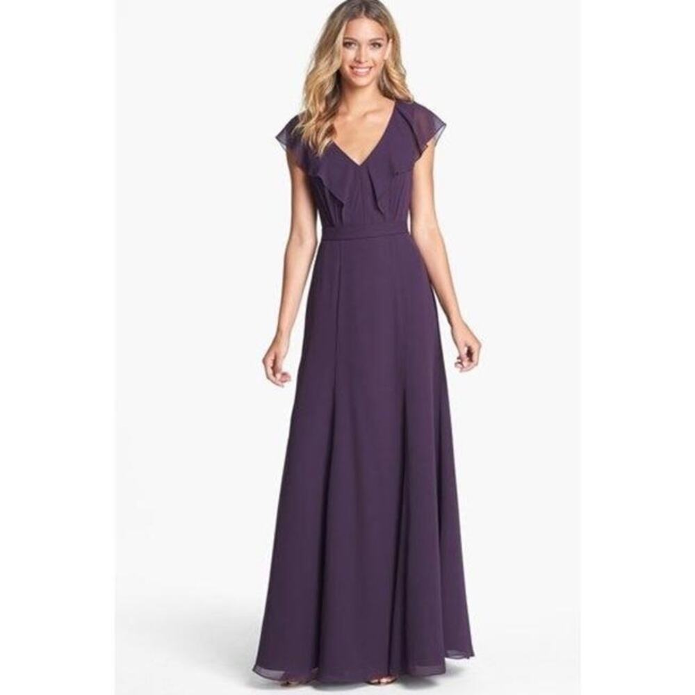 JENNY YOO Purple Cecilia Dress Size 0 Wedding Bridesmaid Formal Maxi Ruffle